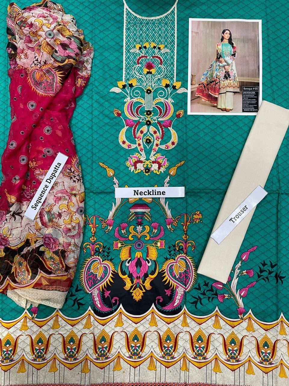Baroque 3 PCS Neckline Embroidered Lawn Dress With Chiffon Sequence Duppata A63#