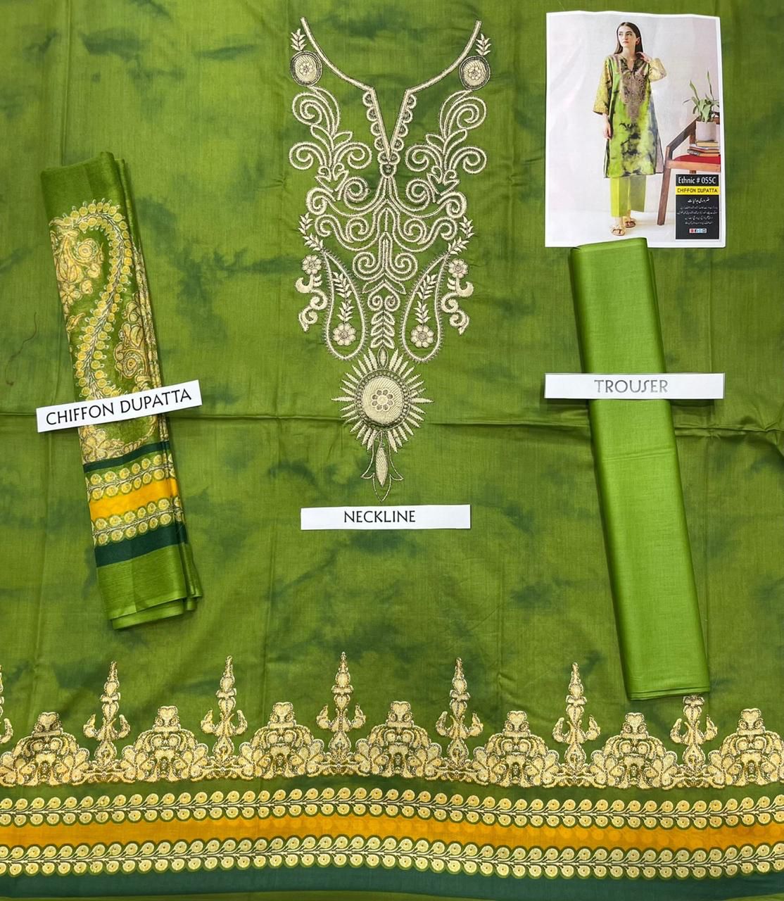 Ethnic 3 PCS Neckline Embroidered Lawn Dress With Printed Chiffon Duppata A43#