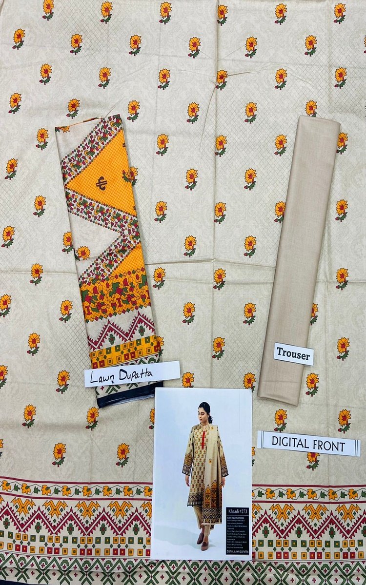 Khaadi 3 PCS Neckline Embroidered Lawn Dress With Printed Lawn Dupatta A43#
