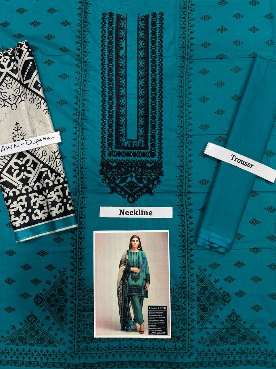 Khaadi 3 PCS Neckline Embroidered Lawn Dress With Printed Lawn Duppata A53#