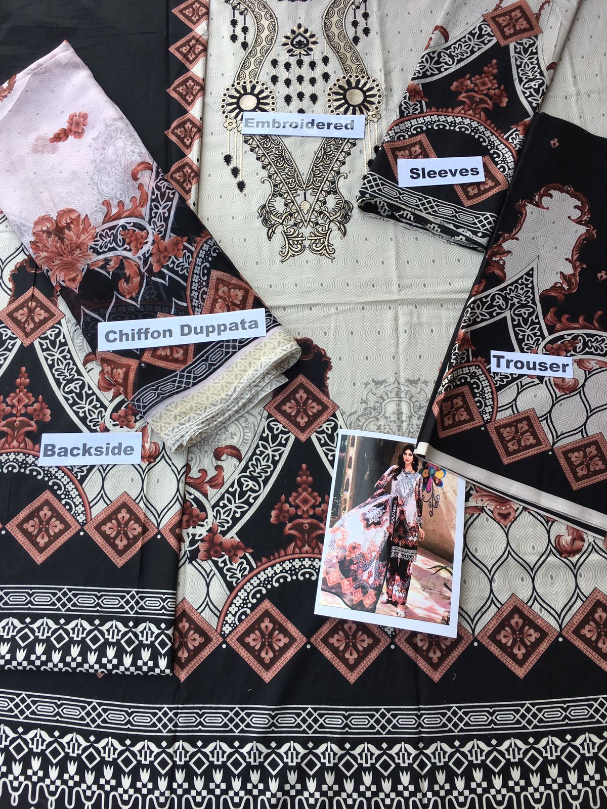 Mohagni 3 PCS Neckline Embroidered Lawn Dress With Printed Chiffon Dupatta A40#