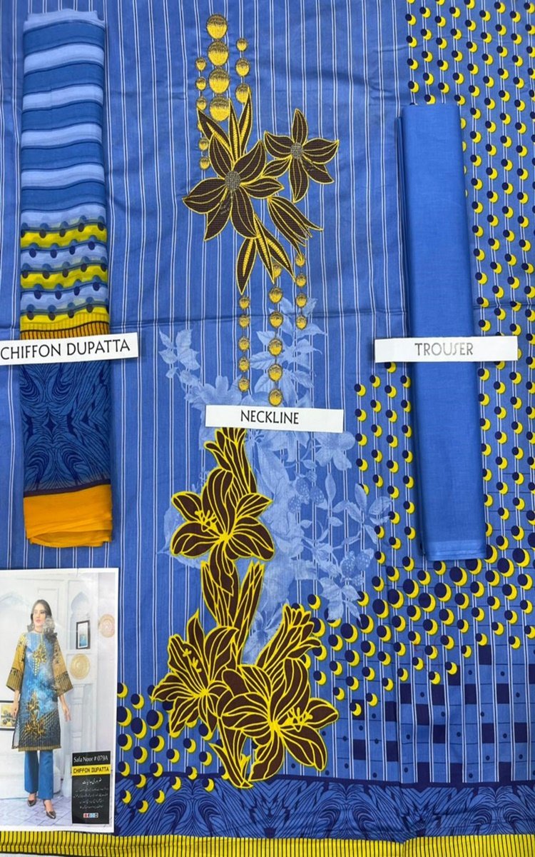 Safa Noor 3 PCS Neckline Embroidered Lawn Dress With Printed Chiffon Dupatta A40#