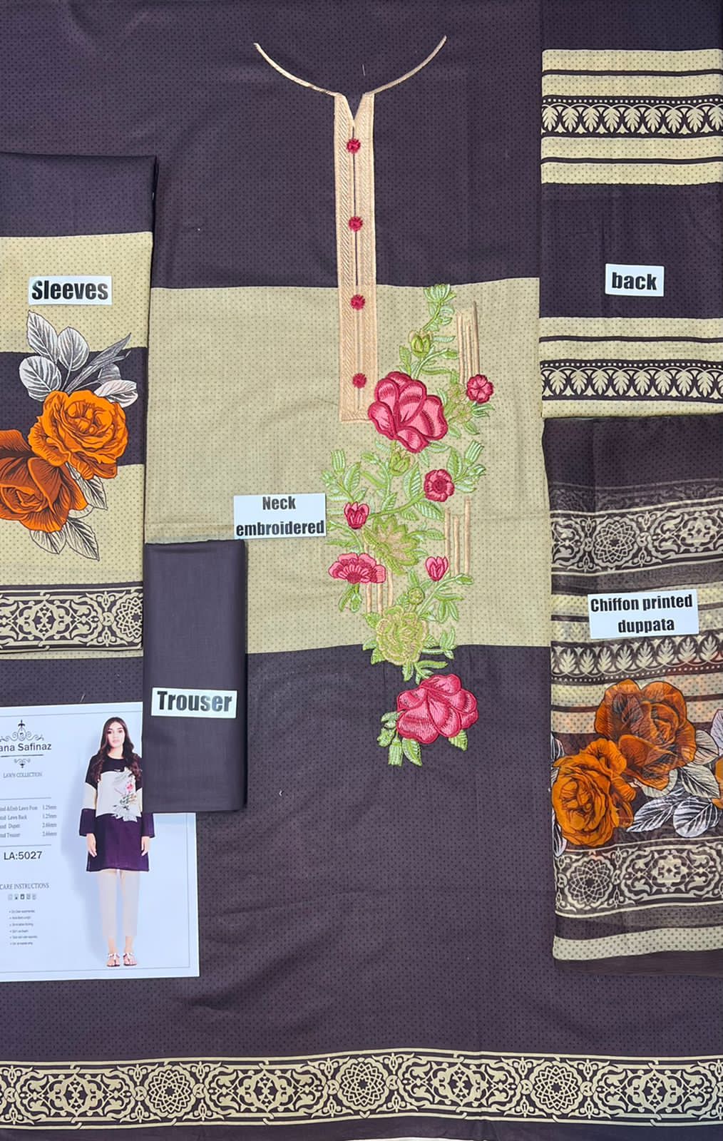 Sana Safinaz 3 PCS Neckline Embroidered Lawn Dress With Printed Chiffon Dupatta A40#