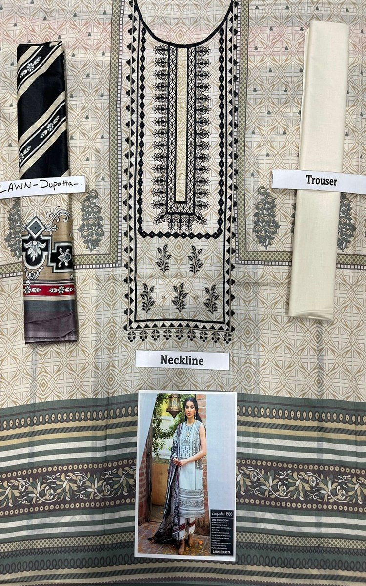 Zardosh 3 PCS Neckline Embroidered Lawn Dress With Printed Lawn Dupatta A53#