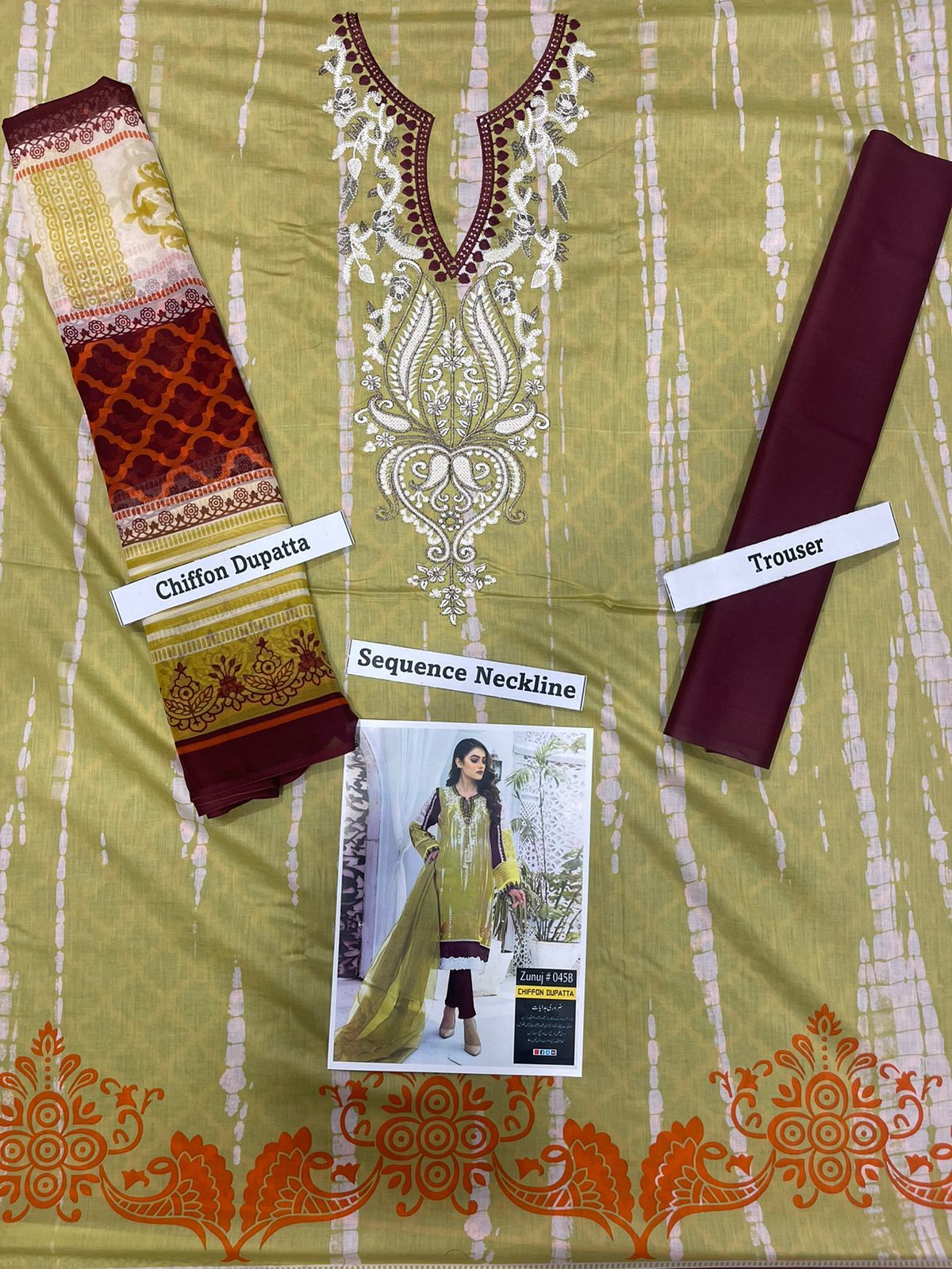 3 PCS Neckline Embroidered Lawn Dress With Printed Chiffon Dupatta A40#