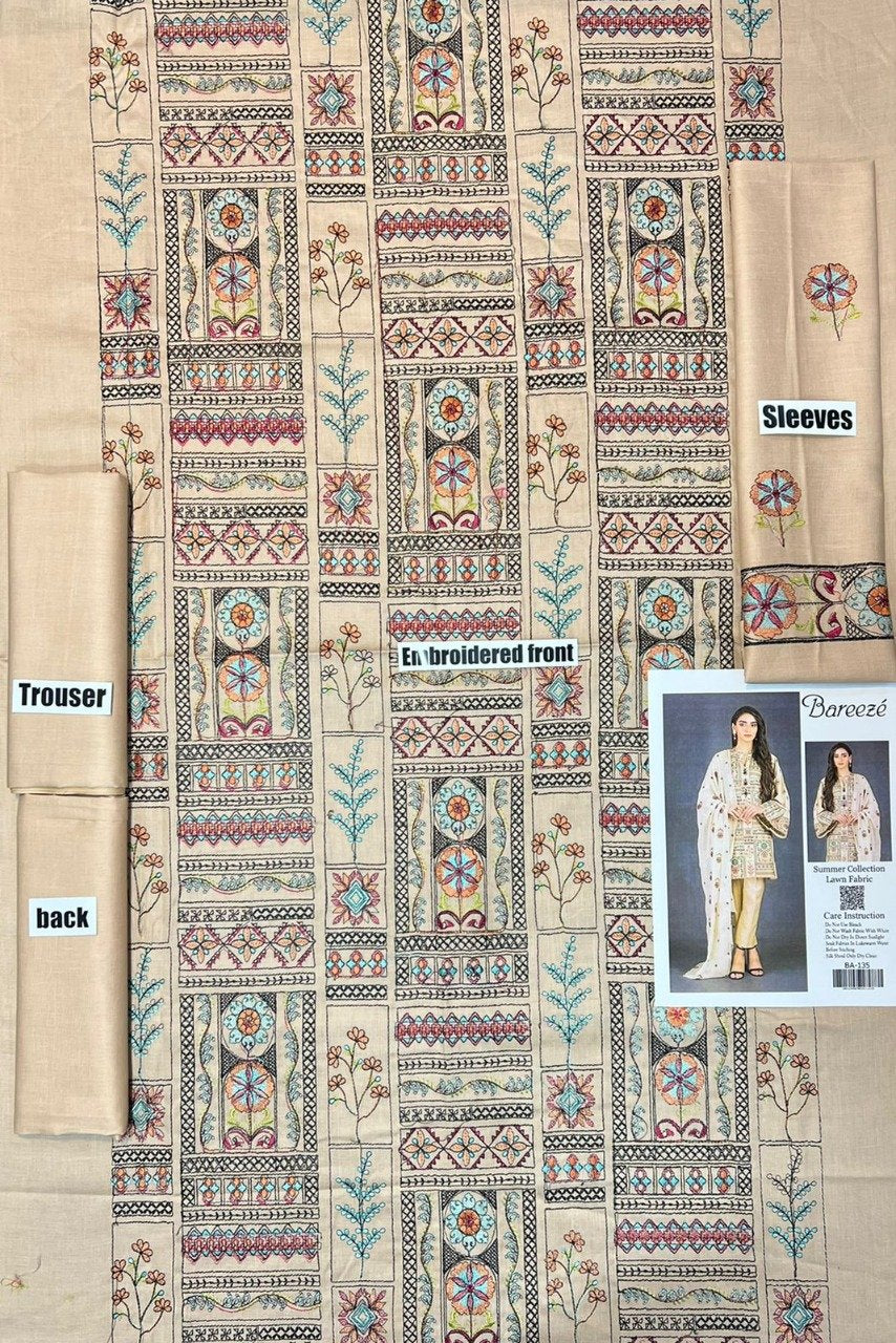 Bareeze 3 PCS Neckline Embroidered Lawn Dress With Printed Chiffon Duppata A48#