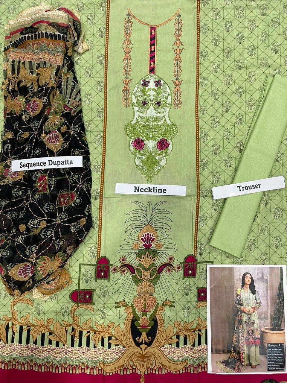 Baroque 3 PCS Neckline Embroidered Lawn Dress With Chiffon Sequence Duppata A63#
