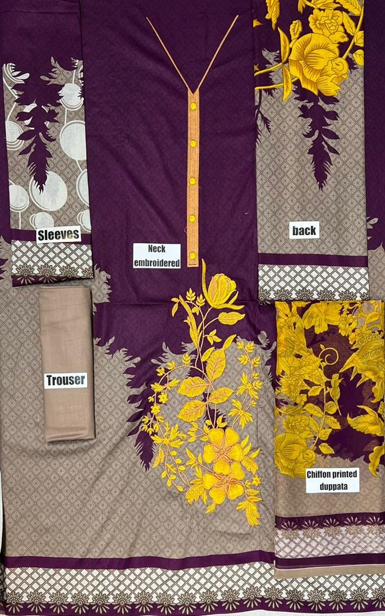 Alkaram 3 PCS Neckline Embroidered Lawn Dress With Printed Chiffon Dupatta B03#