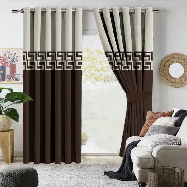 Pair of Laser Cutwork Versace Velvet Curtains Off-White on Brown With Tie Belts