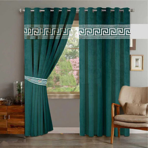 Pair of Laser Cutwork Versace Velvet Curtains White on Green With Tie Belts