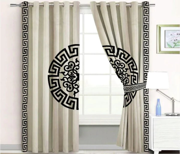 Pair of Laser Cutwork Versace Velvet Curtains Black on Off-White With Tie Belts