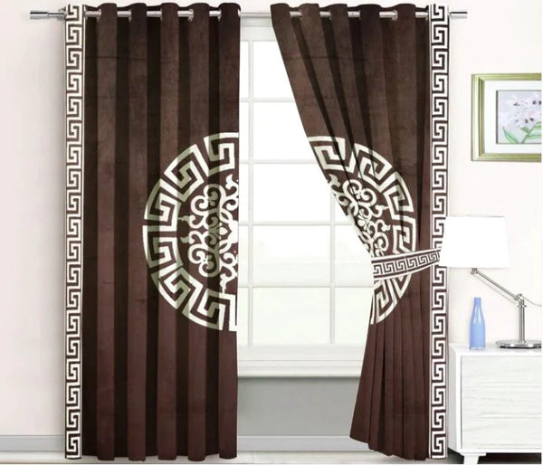 Pair of Laser Cutwork Versace Velvet Curtains Off-White on Brown With Tie Belts