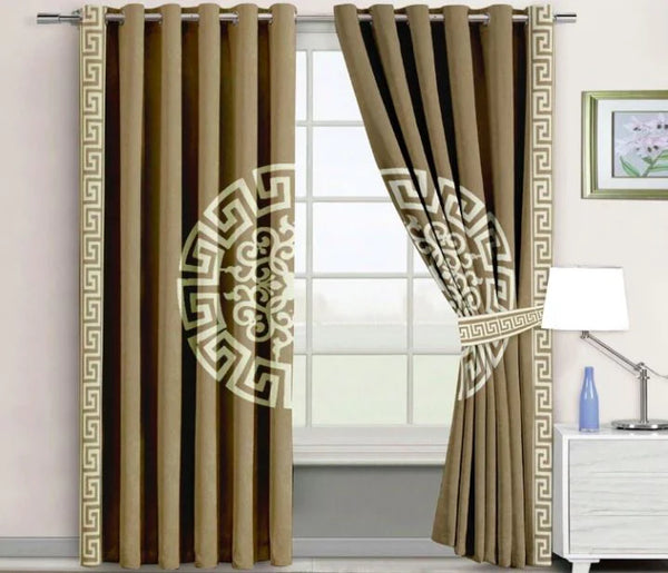 Pair of Laser Cutwork Versace Velvet Curtains Off-White on Light Brown With Tie Belts