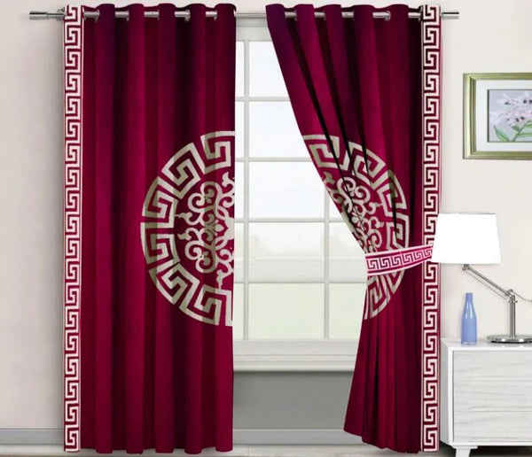 Pair of Laser Cutwork Versace Velvet Curtains Off-White on Maroon With Tie Belts