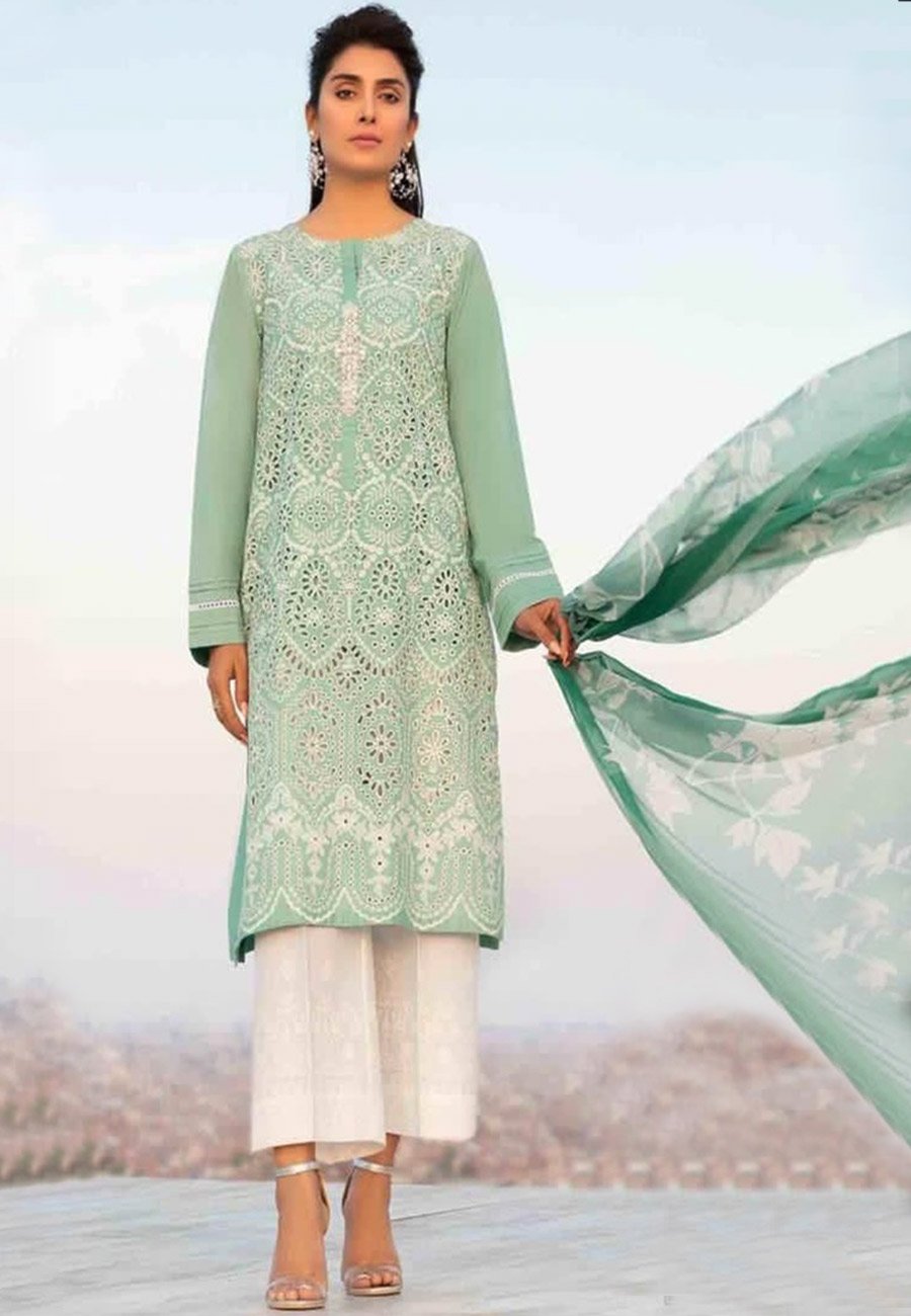 Noor Sadia 3 PCS Neckline Embroidered Lawn Dress With Printed Chiffon Dupatta A73#