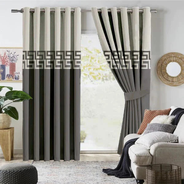 Pair of Laser Cutwork Versace Velvet Curtains Off-White on Grey With Tie Belts