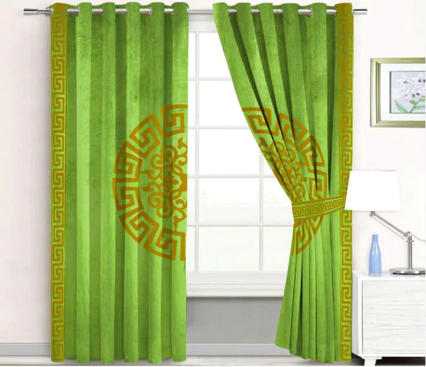 Pair of Laser Cutwork Versace Velvet Curtains Light Brown on Shocking Green With Tie Belts