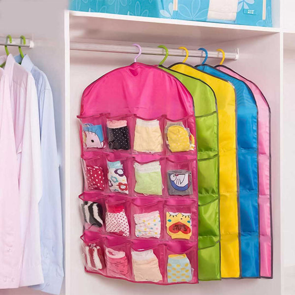 16 Pockets Wardrobe Hanging Organizer Bag / Hanger Closet Storage ( Available In Pink Color )