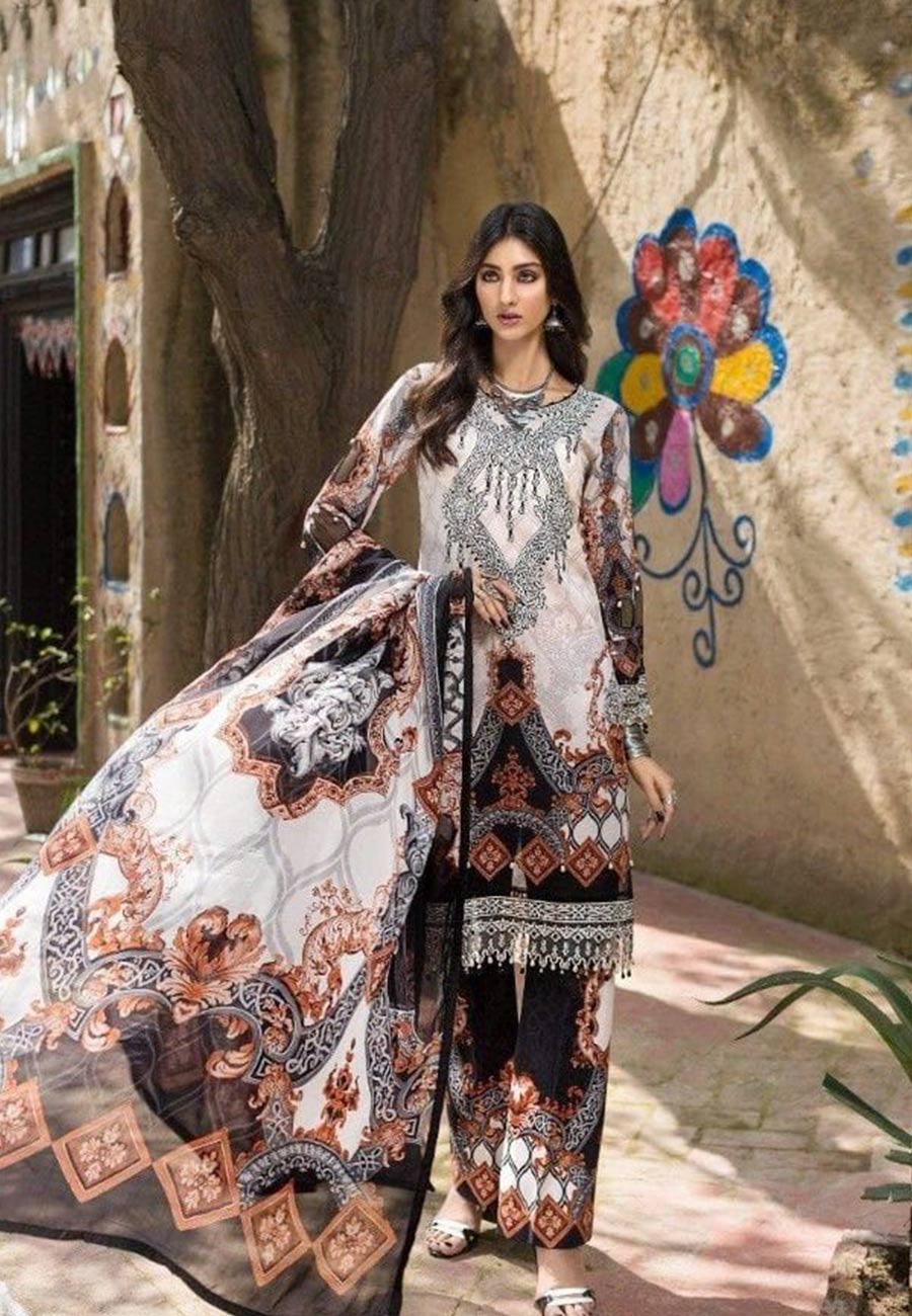 Mohagni 3 PCS Neckline Embroidered Lawn Dress With Printed Chiffon Dupatta A40#