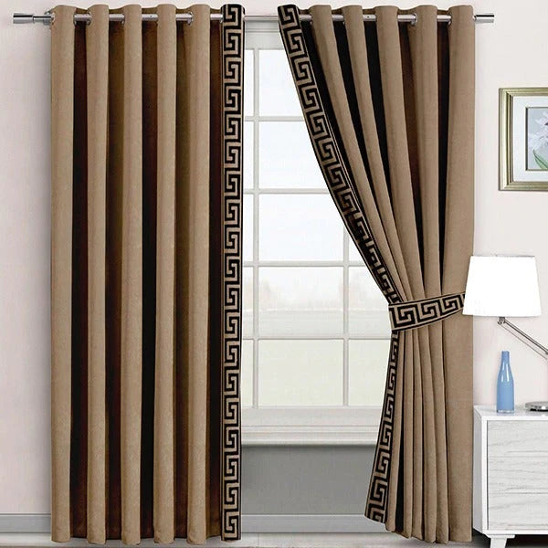 Pair of Laser Cutwork Versace Border Velvet Curtains Dark Brown on Beige With Tie Belts