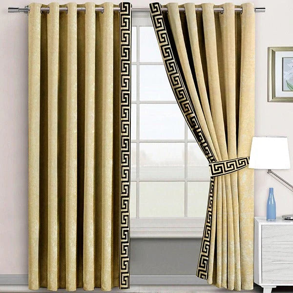 Pair of Laser Cutwork Versace Border Velvet Curtains Dark Brown on Off-White With Tie Belts