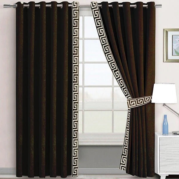 Pair of Laser Cutwork Versace Border Velvet Curtains Off-White on Dark Brown With Tie Belts