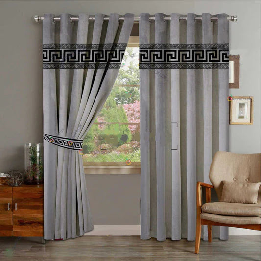 Pair of Laser Cutwork Versace Velvet Curtains Black on Grey With Tie Belts