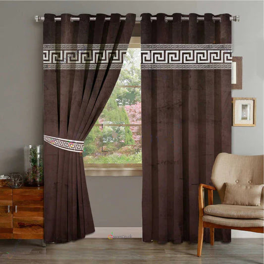 Pair of Laser Cutwork Versace Velvet Curtains White on Brown With Tie Belts