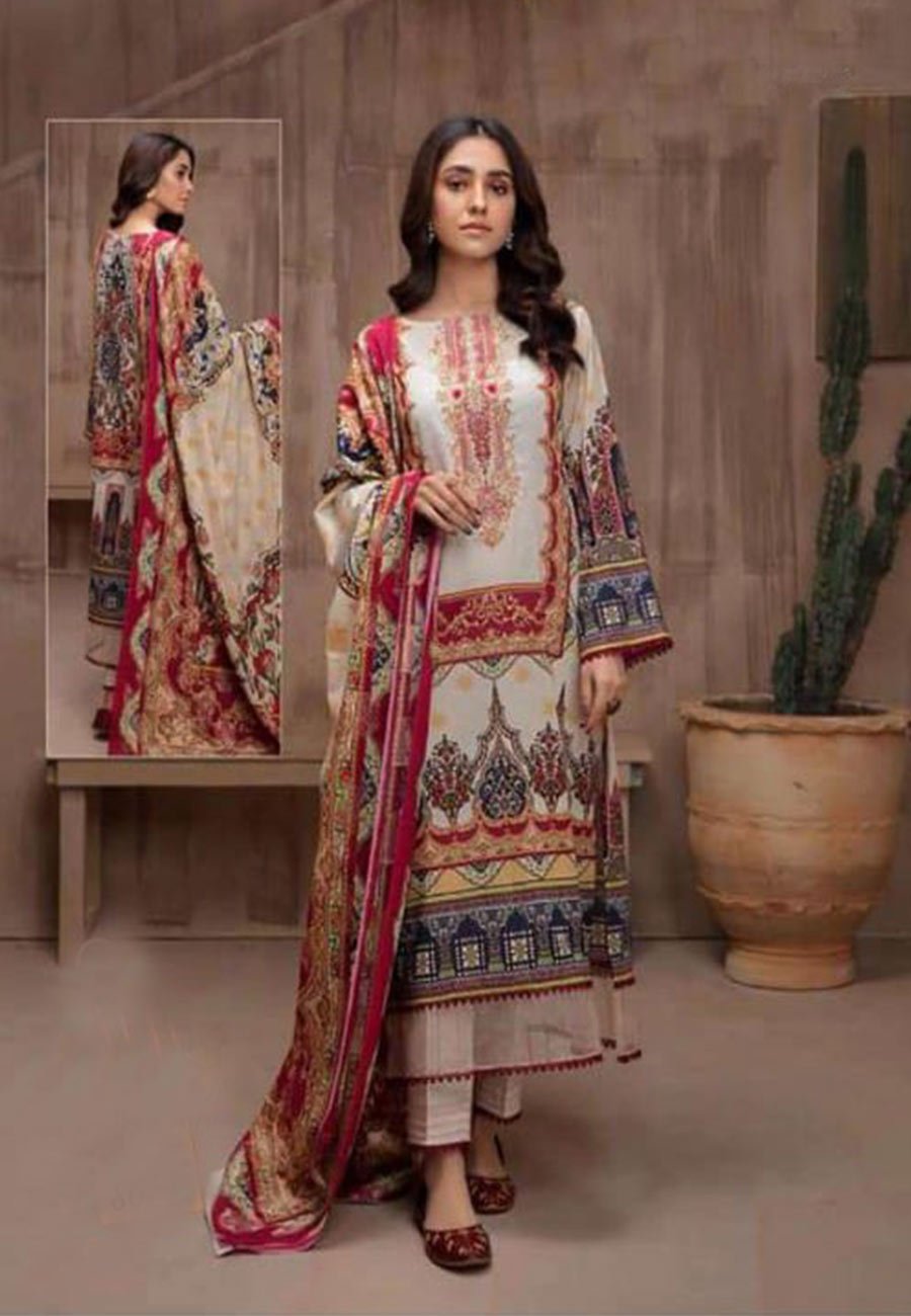 Alija 3 PCS Neckline Embroidered Lawn Dress With Printed Chiffon Dupatta A43#