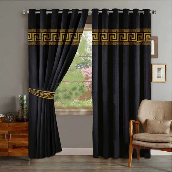 Pair of Laser Cutwork Versace Velvet Curtains Gold on Black With Tie Belts