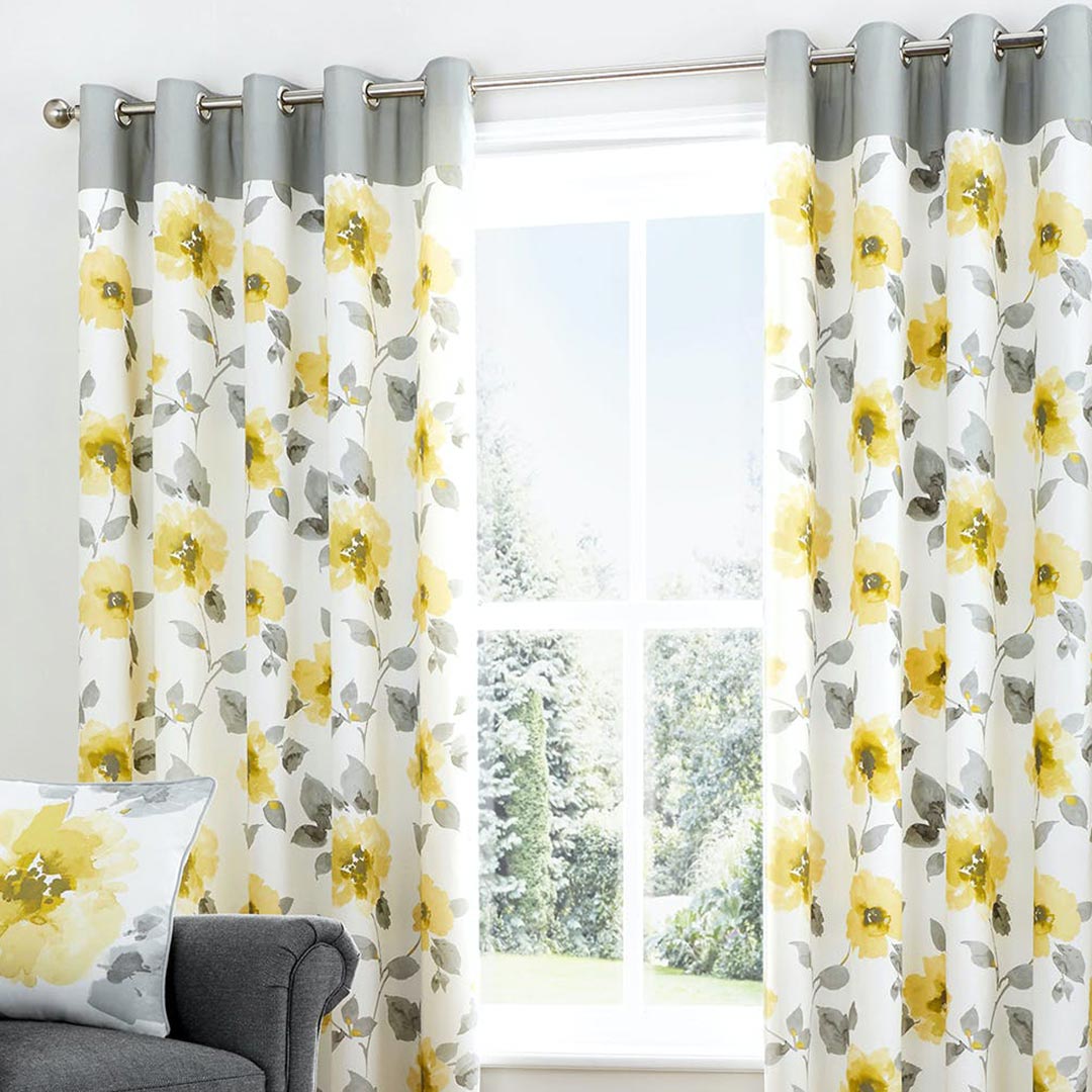 Fusion Yellow Flower 100% Cotton Eyelet Curtains 66″x72″(1Piece)
