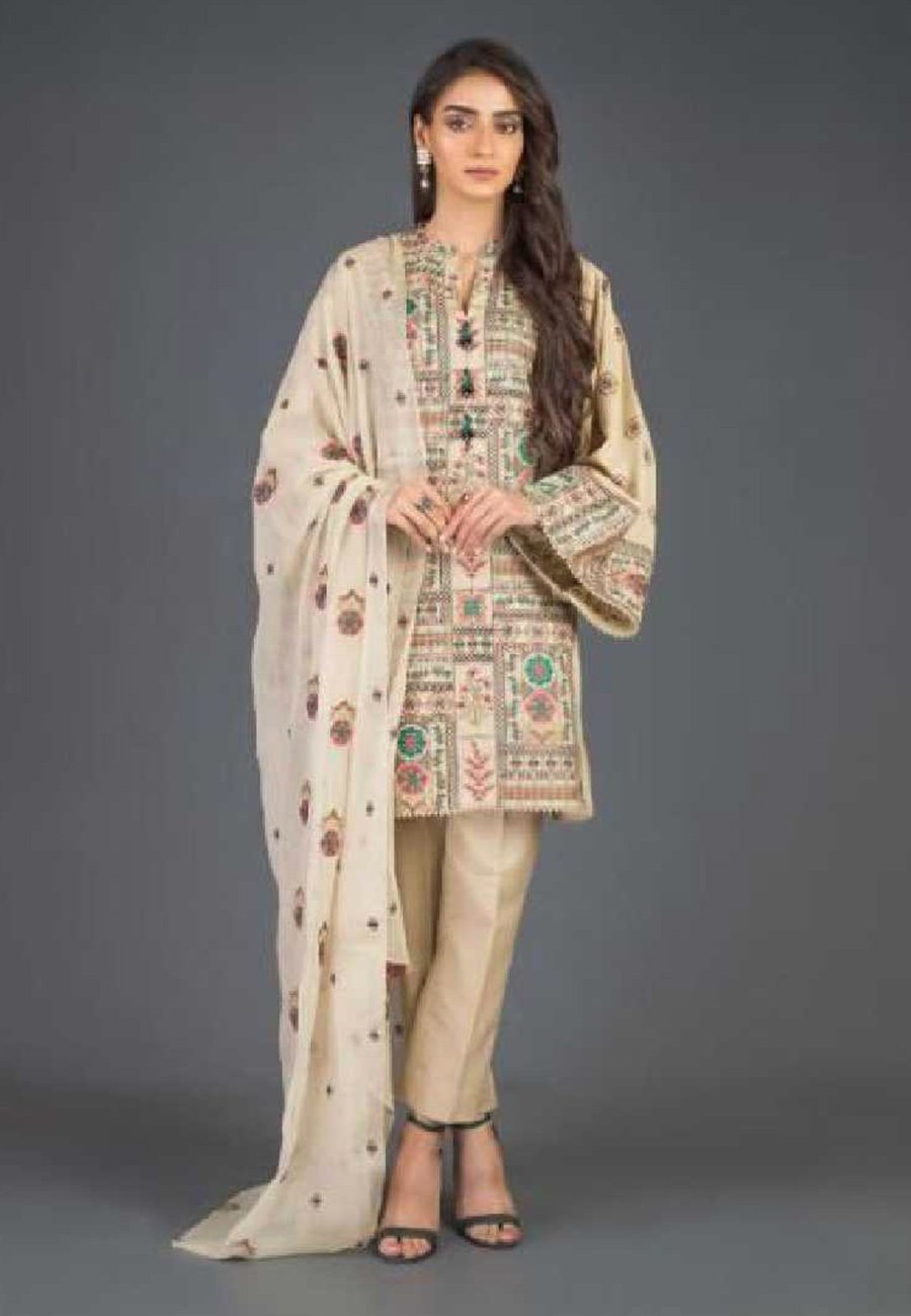 Bareeze 3 PCS Neckline Embroidered Lawn Dress With Printed Chiffon Duppata A48#
