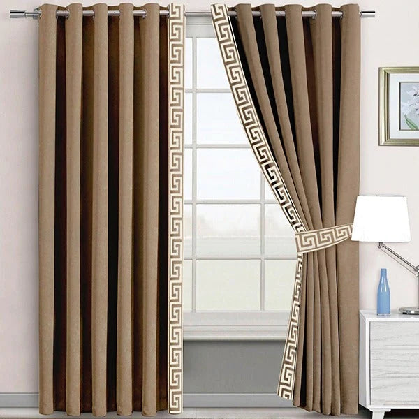 Pair of Laser Cutwork Versace Border Velvet Curtains Off-White on Beige With Tie Belts