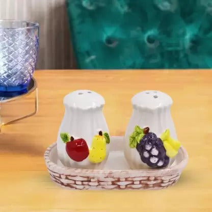 Ceramic Salt and Pepper Set with tray, Fruits Design, White