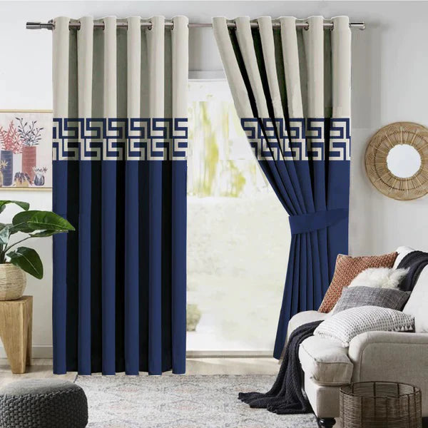 Pair of Laser Cutwork Versace Velvet Curtains Off-White on Ocean Blue With Tie Belts