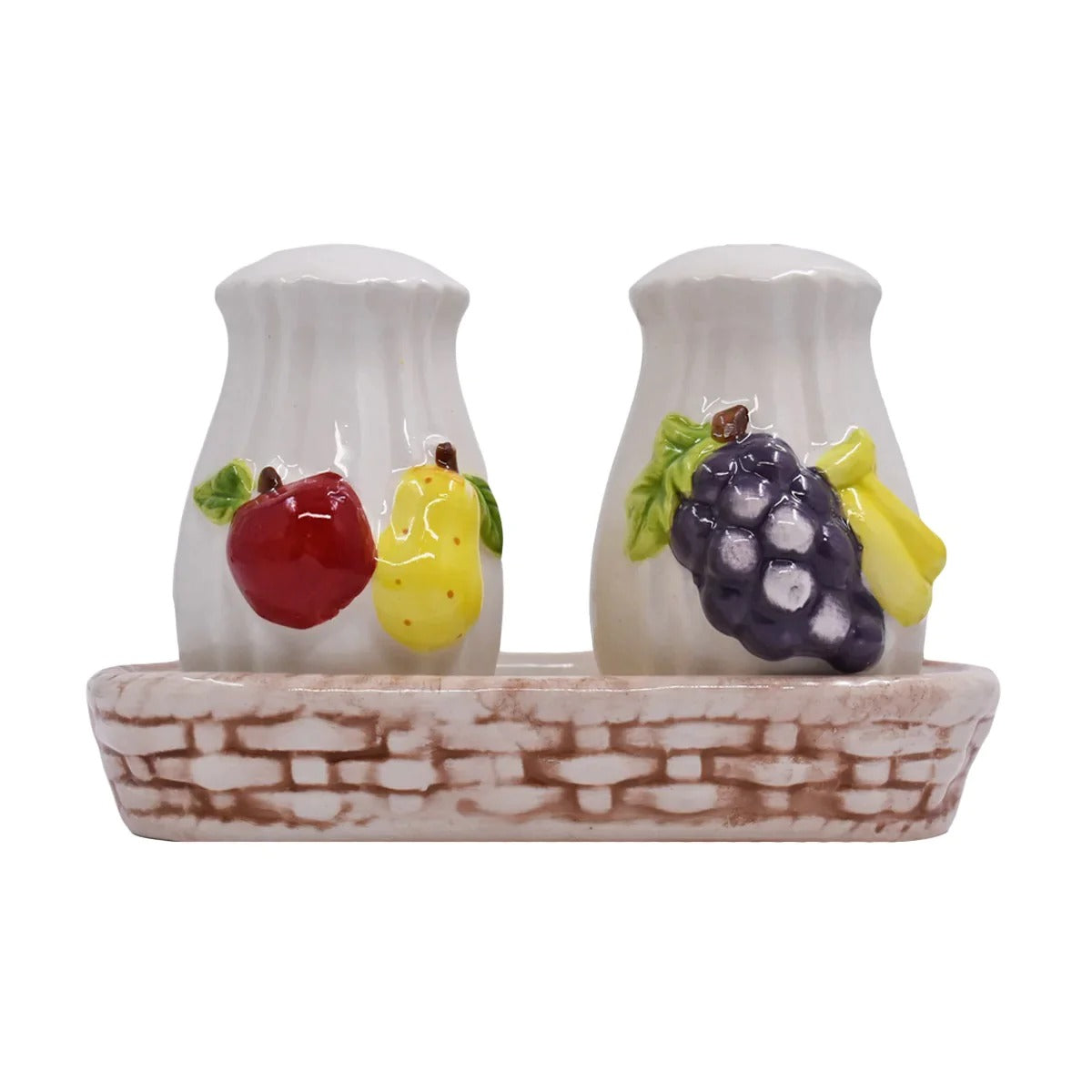 Ceramic Salt and Pepper Set with tray, Fruits Design, White