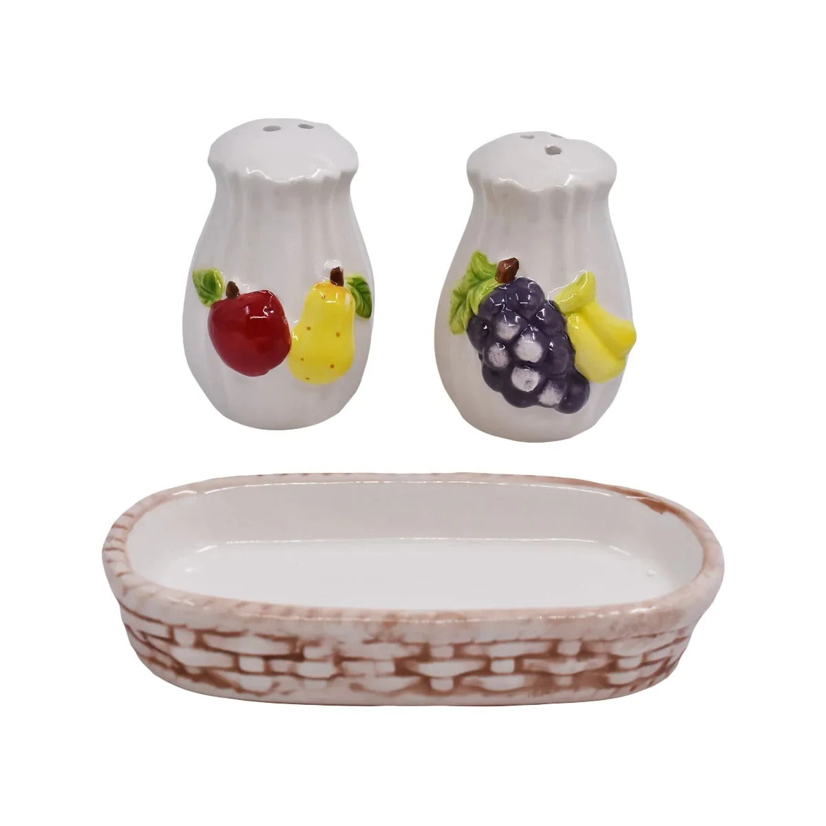 Ceramic Salt and Pepper Set with tray, Fruits Design, White