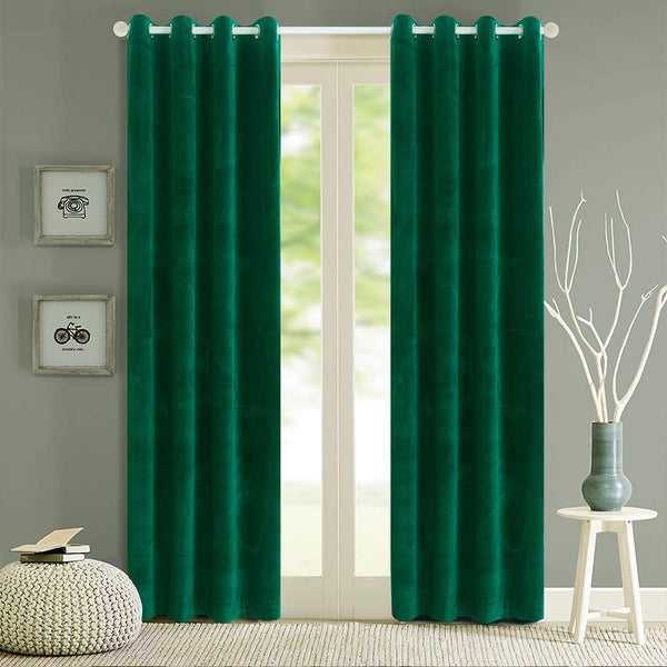Pair Of Branched Leaves Embossed Velvet Curtains In Basil Green Color