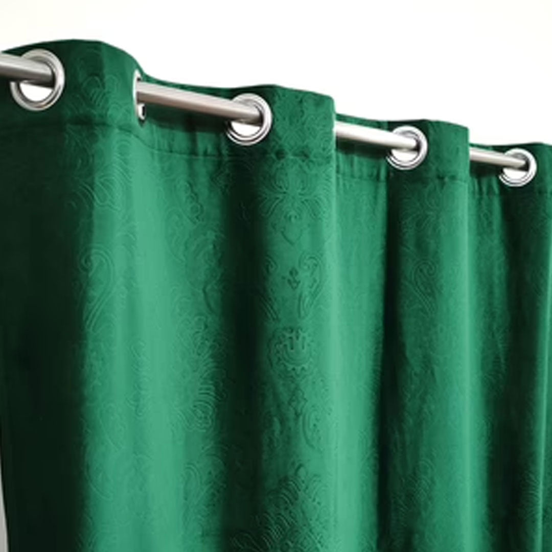 Pair Of Branched Leaves Embossed Velvet Curtains In Basil Green Color