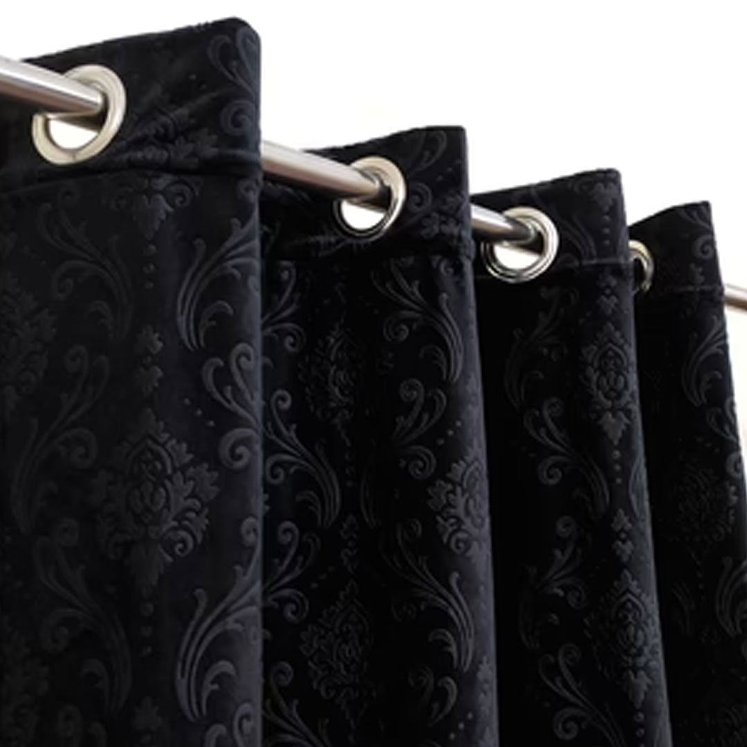 Pair Of Branched Leaves Embossed Velvet Curtains In Black Color