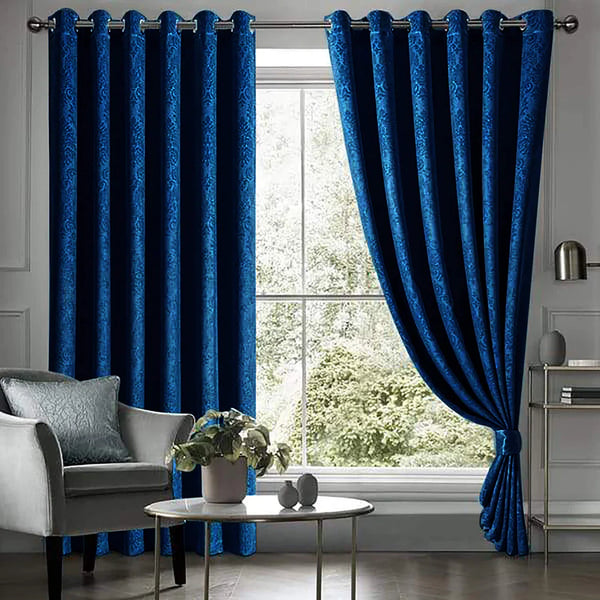 Pair Of Branched Leaves Embossed Velvet Curtains In Royal Blue Color
