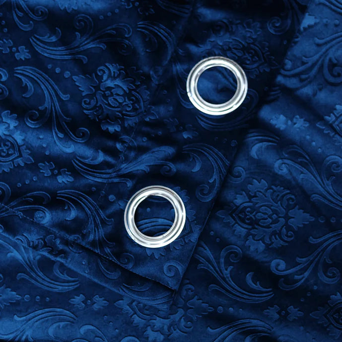 Pair Of Branched Leaves Embossed Velvet Curtains In Royal Blue Color