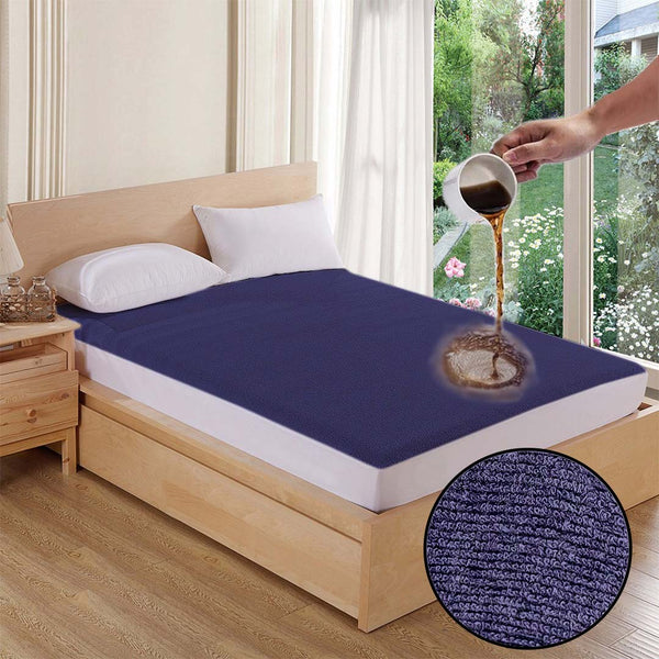 Terry Cotton Waterproof Mattress Protector In Blue Color With Elastic Fitting
