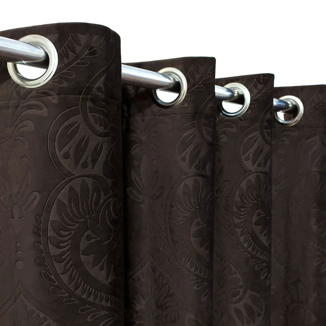 Pair Of Branched Leaves Embossed Velvet Curtains In Chocolate Color