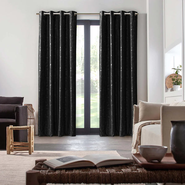 Pair Of Branched Leaves Embossed Velvet Curtains In Black Color