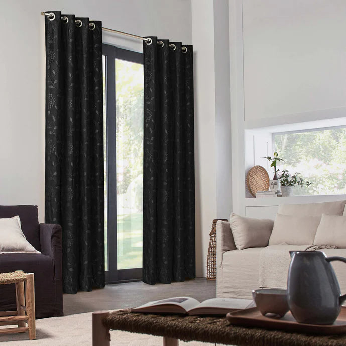 Pair Of Branched Leaves Embossed Velvet Curtains In Black Color