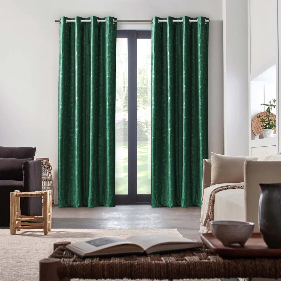 Pair Of Branched Leaves Embossed Velvet Curtains In Green Color