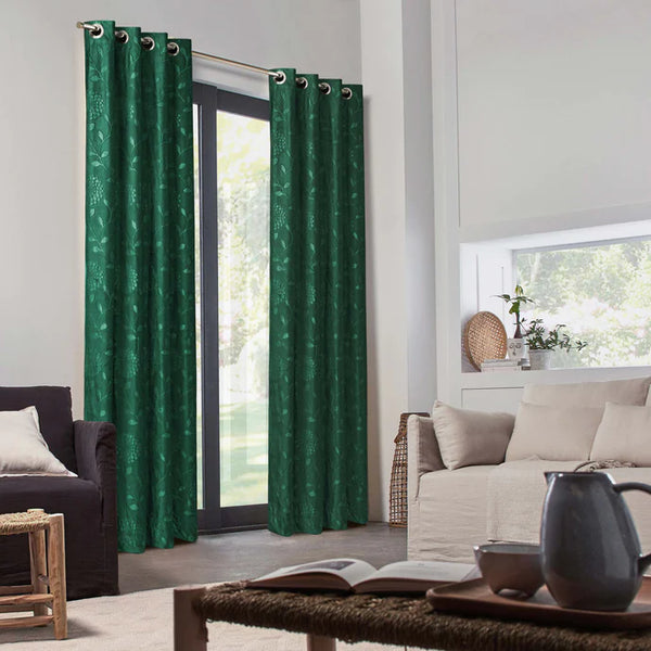 Pair Of Branched Leaves Embossed Velvet Curtains In Green Color