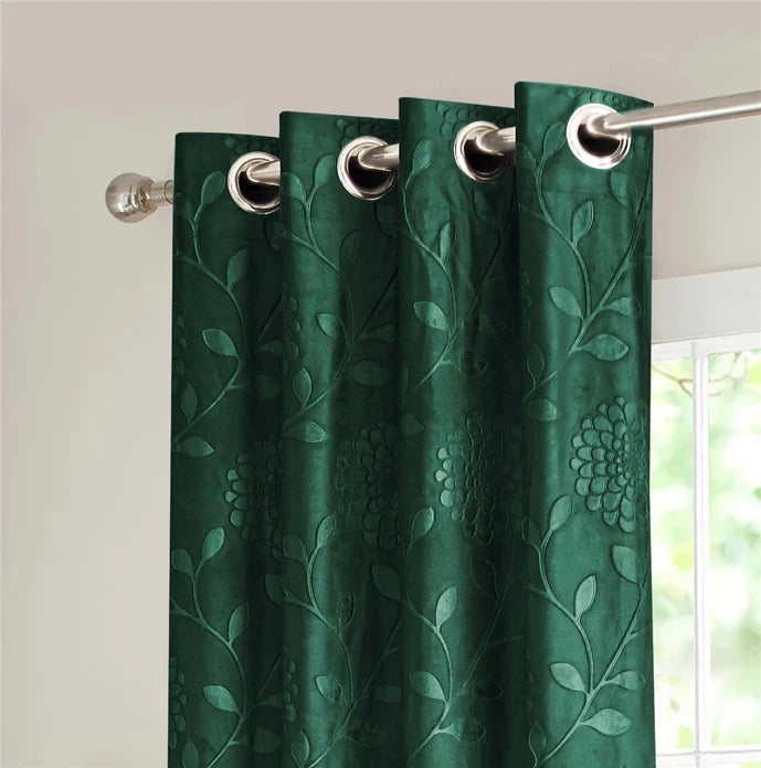 Pair Of Branched Leaves Embossed Velvet Curtains In Green Color