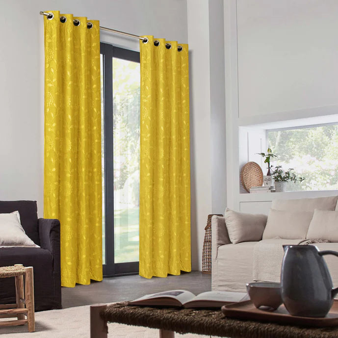 Pair Of Branched Leaves Embossed Velvet Curtains In Mustard Color